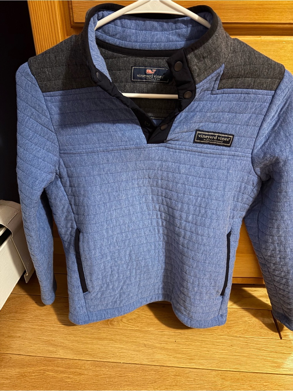 Vineyard Vines Kids Quilted Pullover in Light Blue with Charcoal Trim